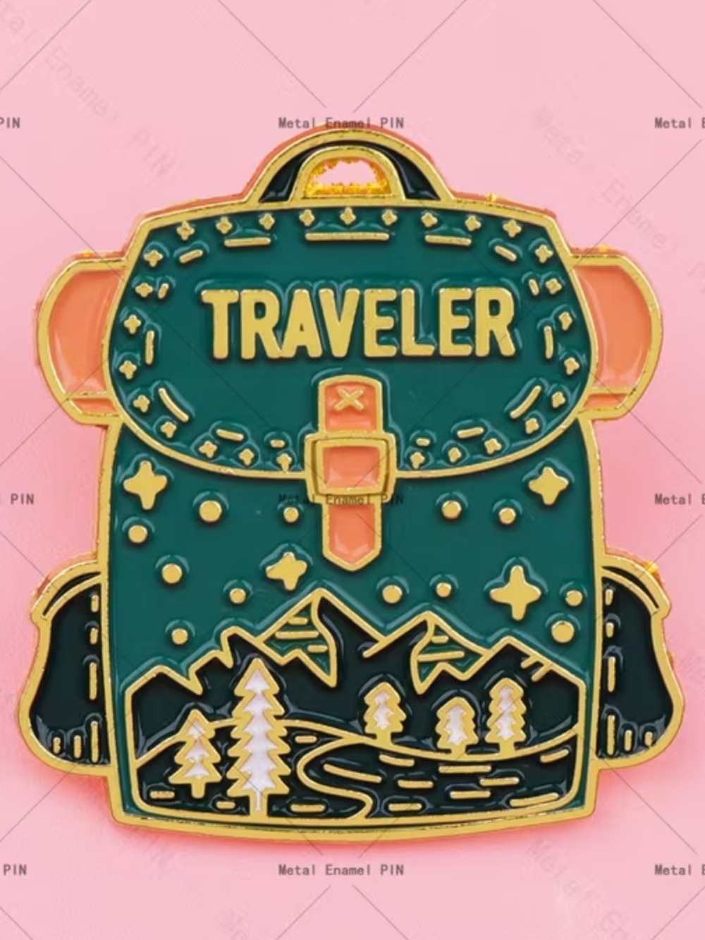 ravel Green and Gold 'Traveler' Backpack Enamel Brooch
